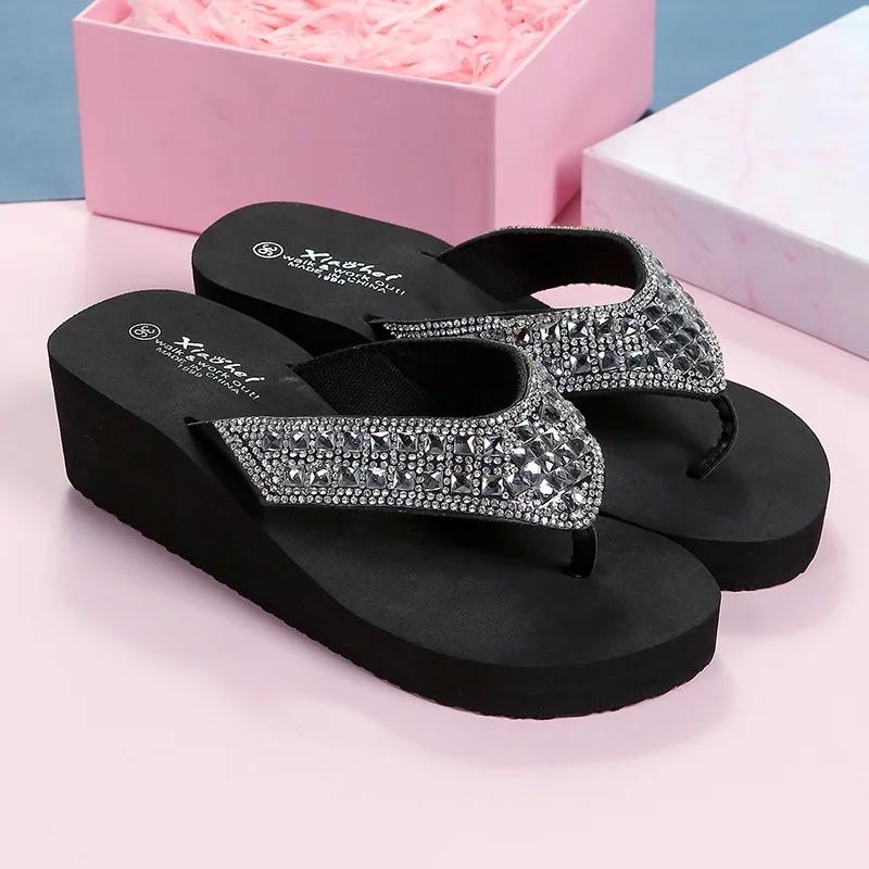 

Fashion Women Summer Sandals Sequins Beach Female Flip Flops Ladies Slippers High Heels Shoes For Women 2025 Platform Wedges Slippers 40 чёрный