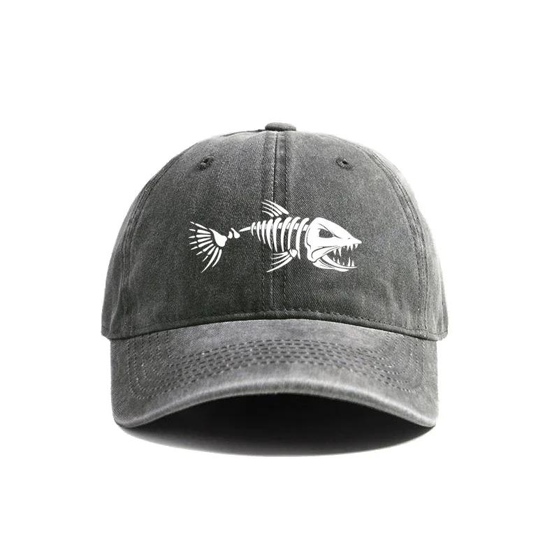 Fishbone Baseball Cap Summer Distressed Dad Hats Men Outdoor Fishing Skeleton Fish Bone Caps