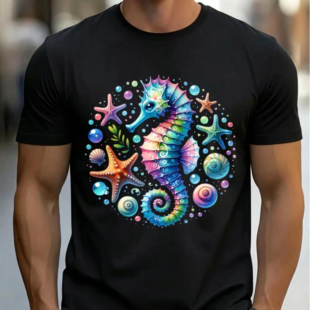 Rainbow Seahorse Starfish Seashell Ocean Graphic Unisex Cotton Tee Beach Sea Life Summer Vacation Casual Basic Apparel Wear Top