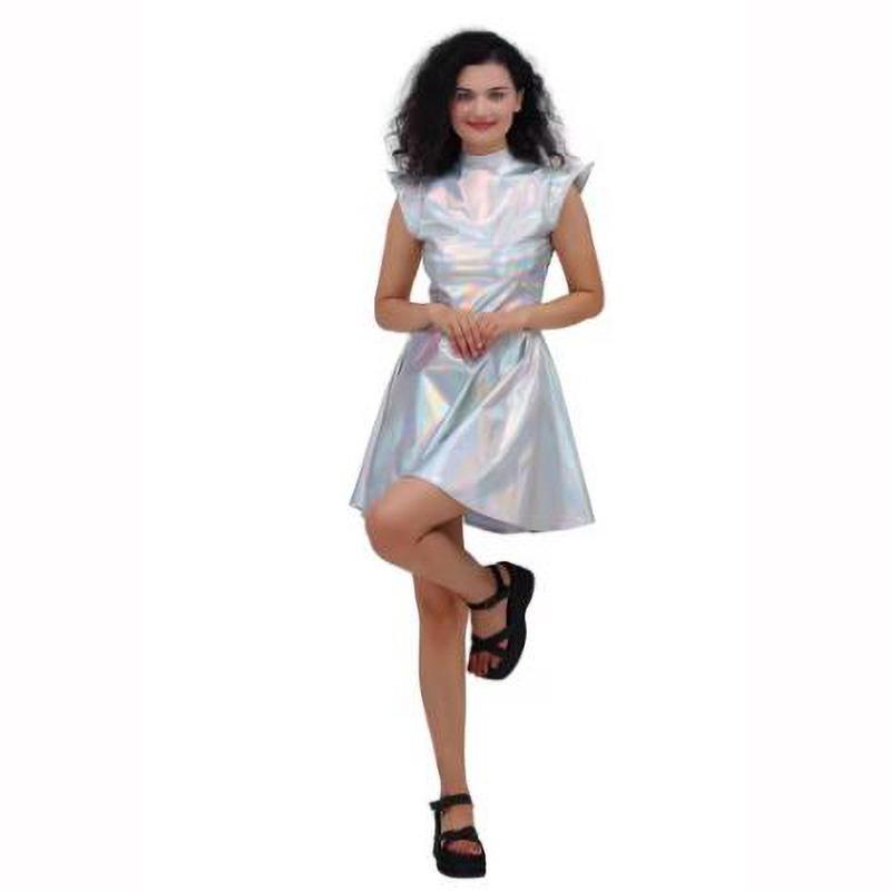 Women Shiny Dress Metallic Costume Sleeveless Futuristic Sleeveless Space Skater Disco Holographic Party Dress