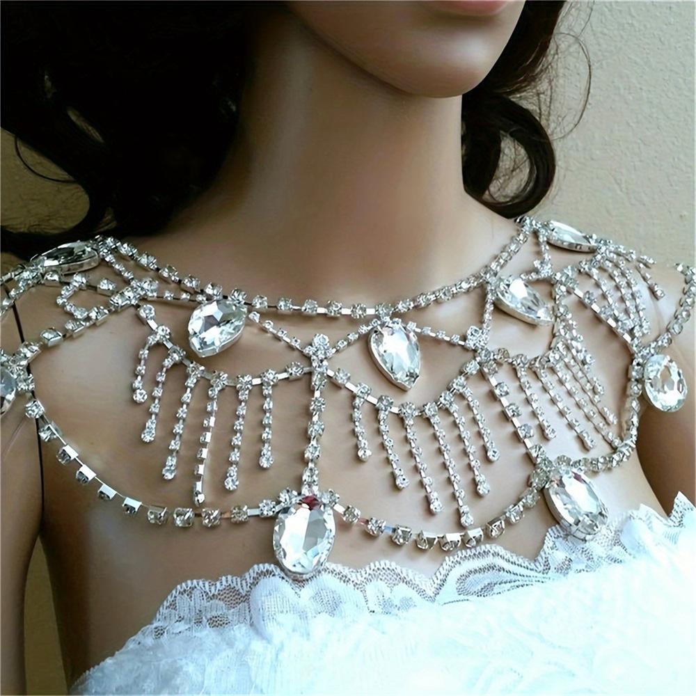 Xqwewanticedd Women's Silver European, American Bohemian Bridal Wedding Necklace Shawl Chain, Elegant Exaggerated Shoulder Chain Jewelry