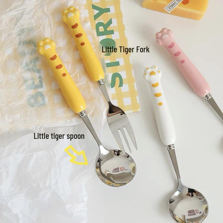 Stilvolles Niedliches Tigergriff Edelstahl Besteck: Tierpfote Cartoon Dessertlöffel- und Gabelset