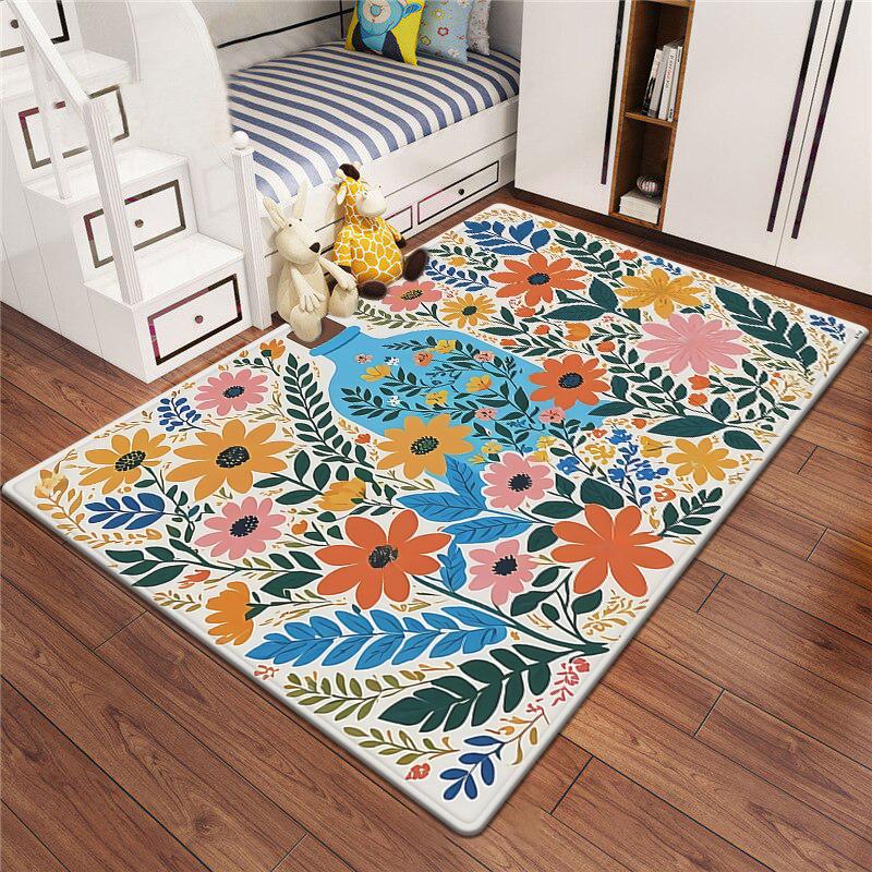 Kids Floral Cartoon Area Rug – Small Non-Slip Play Mat, Soft Floor Carpet for Bedroom Playroom Children's Room Decor