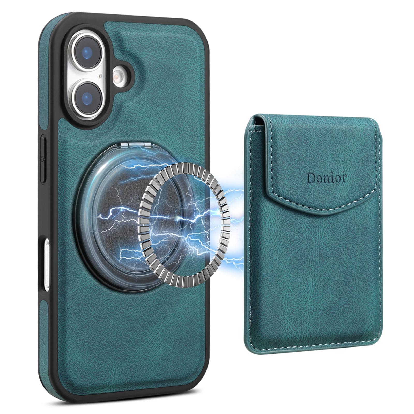 

DENIOR D20 For iPhone 16 Case Detachable Card Bag Rotary Kickstand Leather+PC+TPU Cover Blue