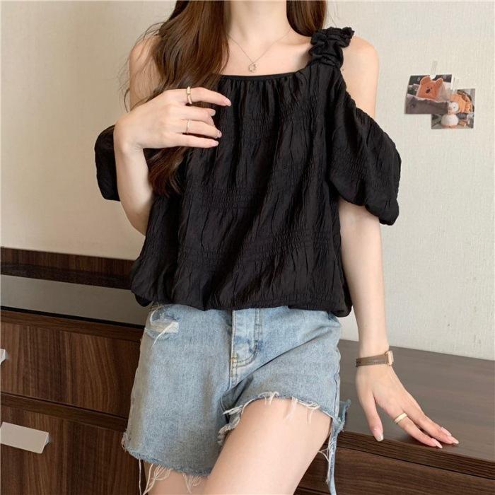 One-word shoulder suspender shirt women's bubble sleeves short with high-waisted pants annual summer loose-minded off-the-shoulder top