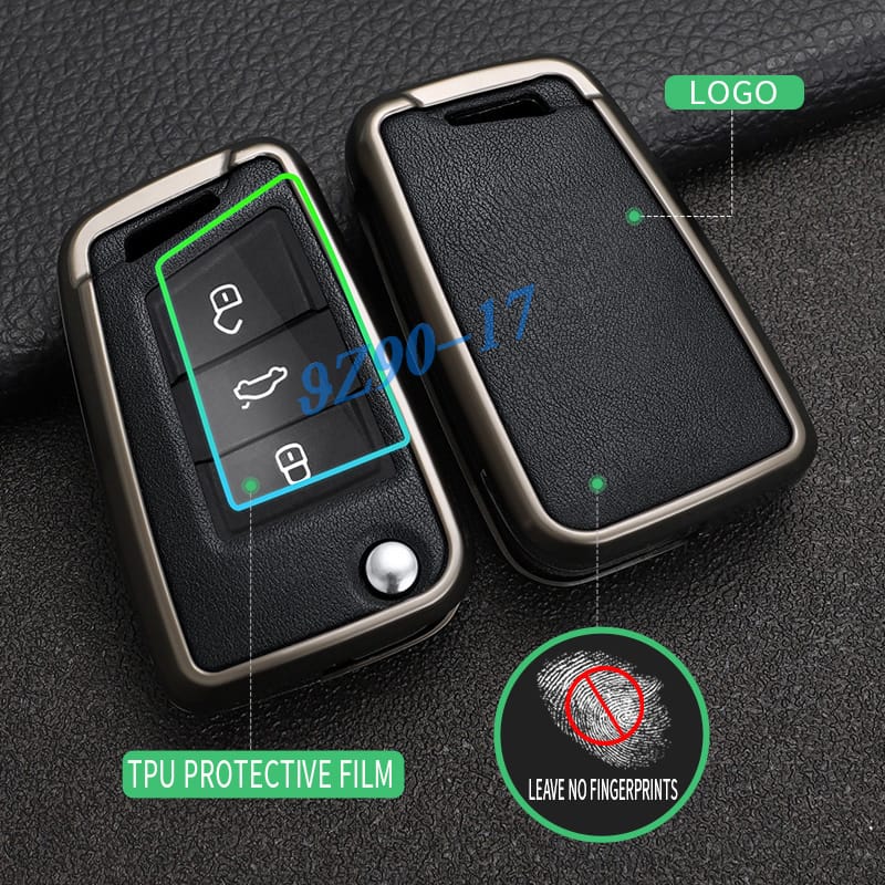 Metal Leather Car Key Fob Case Cover Keychain For Vw Tiguan Jetta Polo Seat Ateca Leon Skoda Kodiaq Superb Octavia Karoq