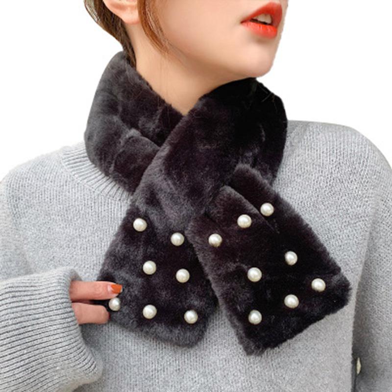 Korean Cute Faux Rex Rabbit Fur Warm Scarf Winter Female Thicken Double-Sided Plush Narrow Cross Neck Guard Pearl Scarves O69