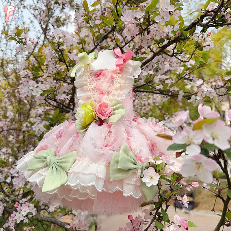 2026 Pet Dog Clothes Luxury Pure Handmade Fashion High-end Pink Roseflower Lace Tail Long Dresses For Small Medium Dog Chihuahua