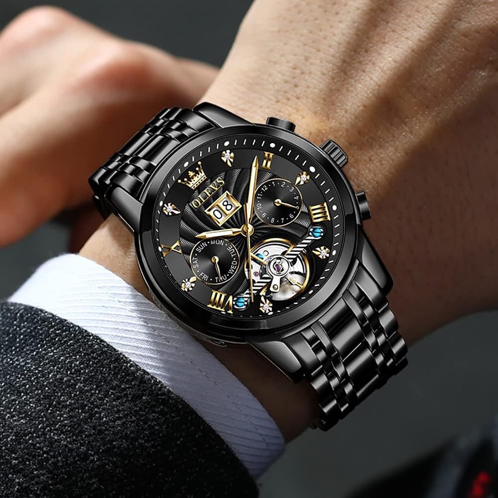 OLEVS Men's Automatic Skeleton Watch Black Waterproof Date Luminous Business Fashion Wristwatch