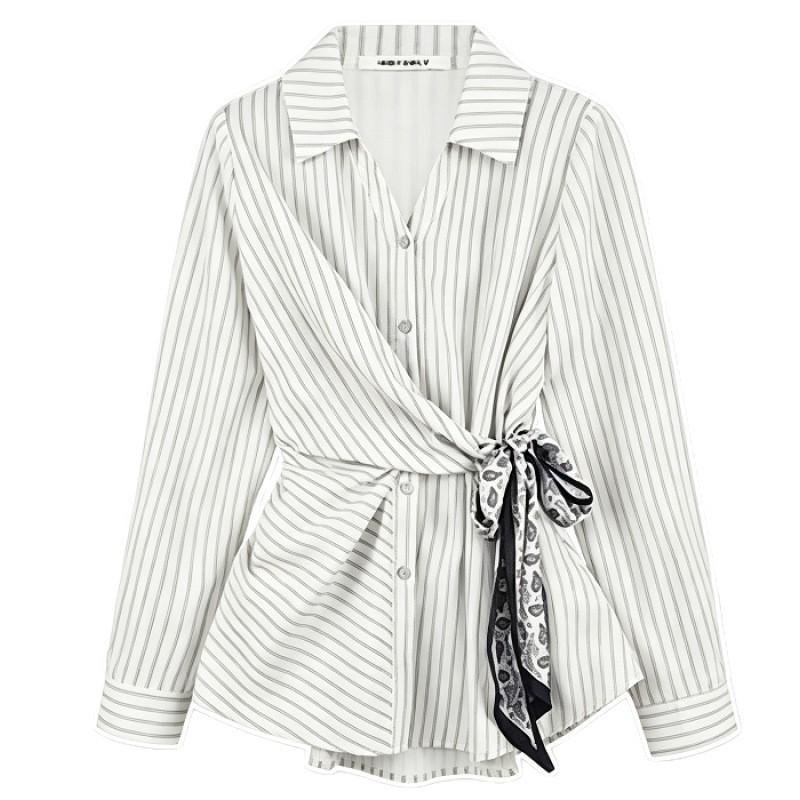 Design Sense Versatile Commuter V-neck Waist Striped Shirt Women's Large Size Fat Mm Korean Retro Slim Casual Top