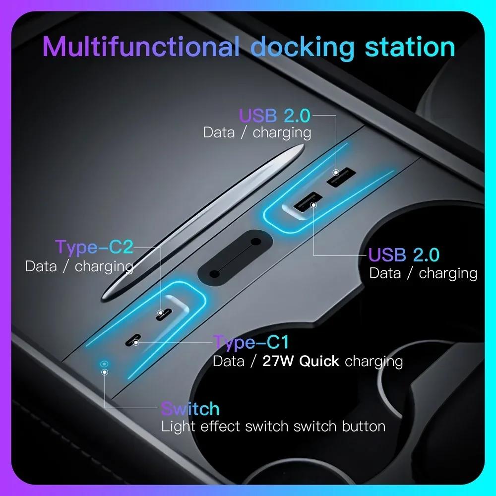 For Tesla Model 3 Y 2025 2025 2025 USB Shunt Hub 27W Fast Charging Docking Station Light Center Console 4 Hole Car Accessories