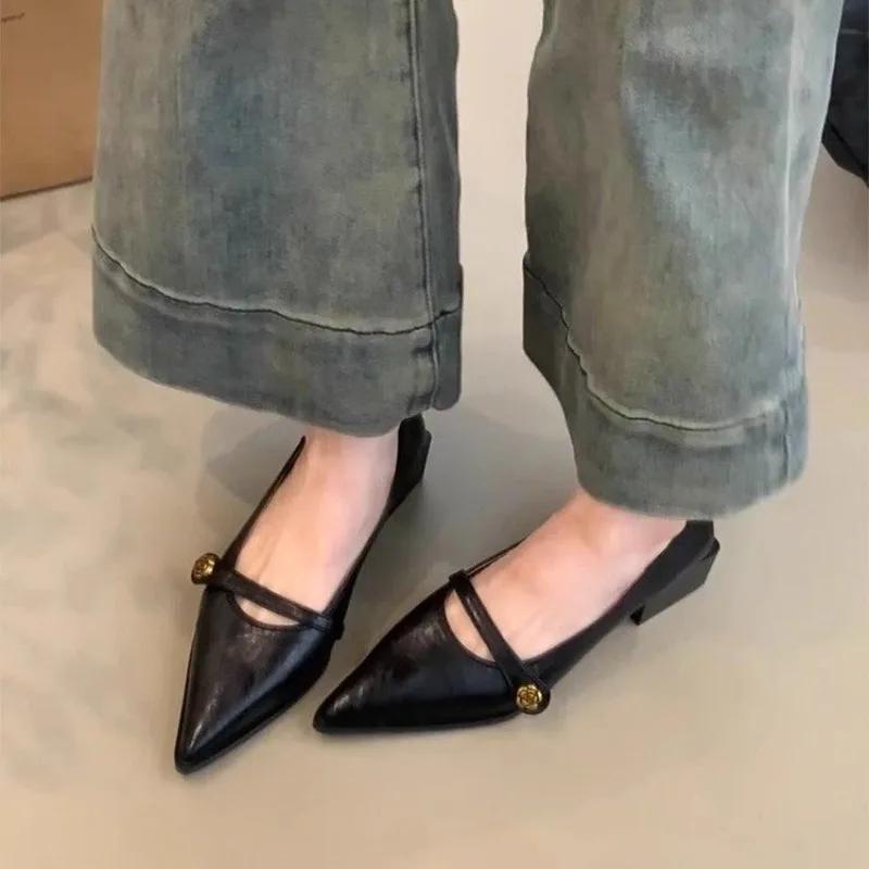 Vintage Low-heeled Shoes Women's Shoes 2025 Spring and Summer New Fashion Gold Buckle Pointed Thick-heeled Small Leather Shoes