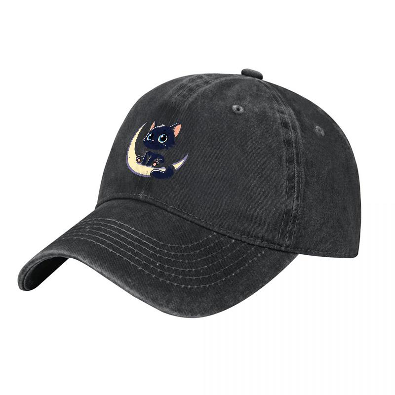 Black Cat on Moon Embroidered Washed Canvas Baseball Cap Unisex Adjustable Dad Hat Streetwear Fashion