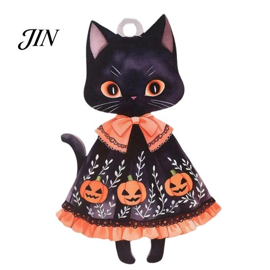 Watercolor Witch Cat Wood Decor Halloween Wooden Hanging Ornament, Decorative Pendant, Party Cute Holiday Favors for Tree And Window Pumpkin Sign