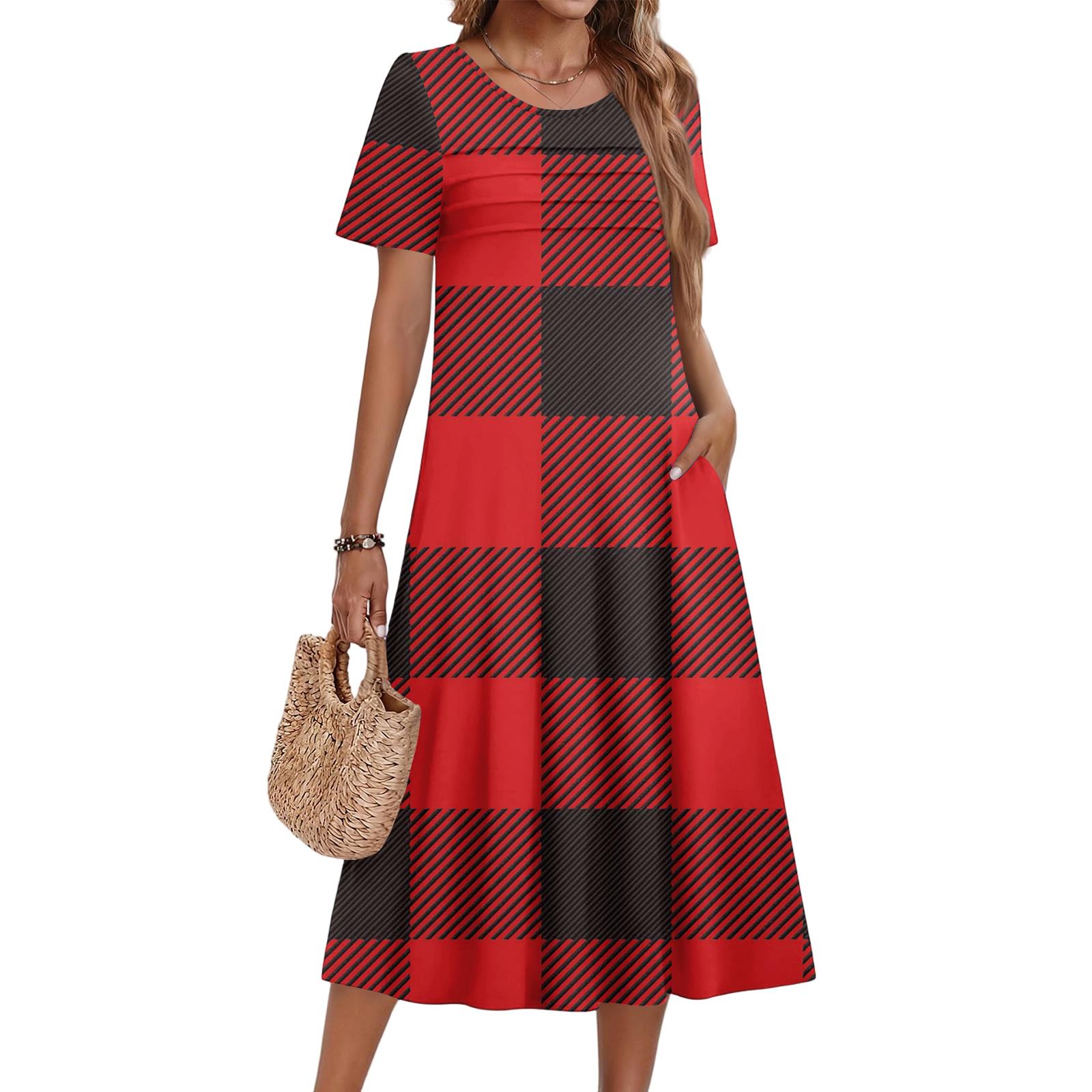 

Ladies Plaid Printed Casual And Fashionable Short Sleeved Round Neck Dress XL винний