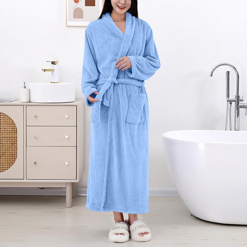 Women's Solid Color Long Sleeve Winter Warm Bathrobe Home Wear Plush Pajamas Nightgown