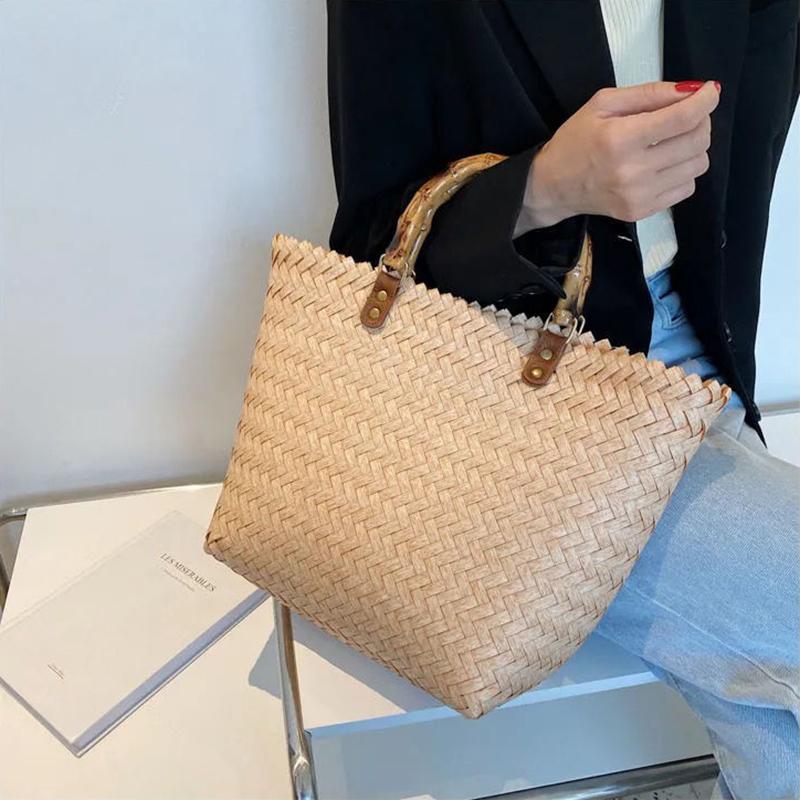 Yogodlns Sommer Stroh Tasche Frauen Große Kapazität Strand Tasche Weben Handgemachte Griff Tasche Mode Kintted Tote Tasche Urlaub Große Handtasche