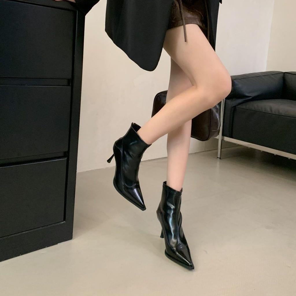 Soft Leather Thin Boots Wrap Legs Without Folds 2026 New Short Bare Boots Thin Heel High Heel Pointed Short Boots Women