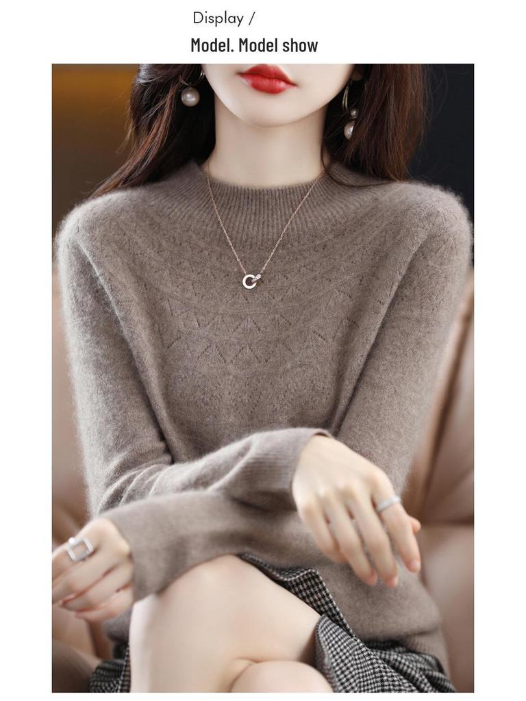 Women's Slimming 100% Wool Half-High Neck Sweater, Seamless Cashmere Knit Base Layer, Autumn Winter Loose Top with Hollow-Out Design