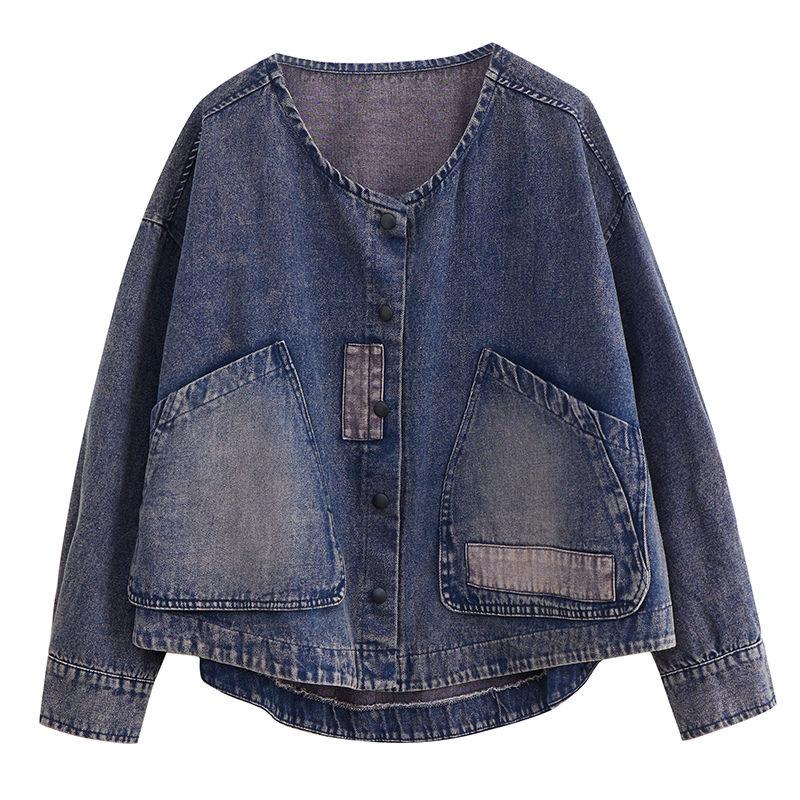 Plus Size Women Vintage Spring Autumn Long Sleeve Loose Single Breasted Denim Jackets Big Pocket Blue Casual Short Coat