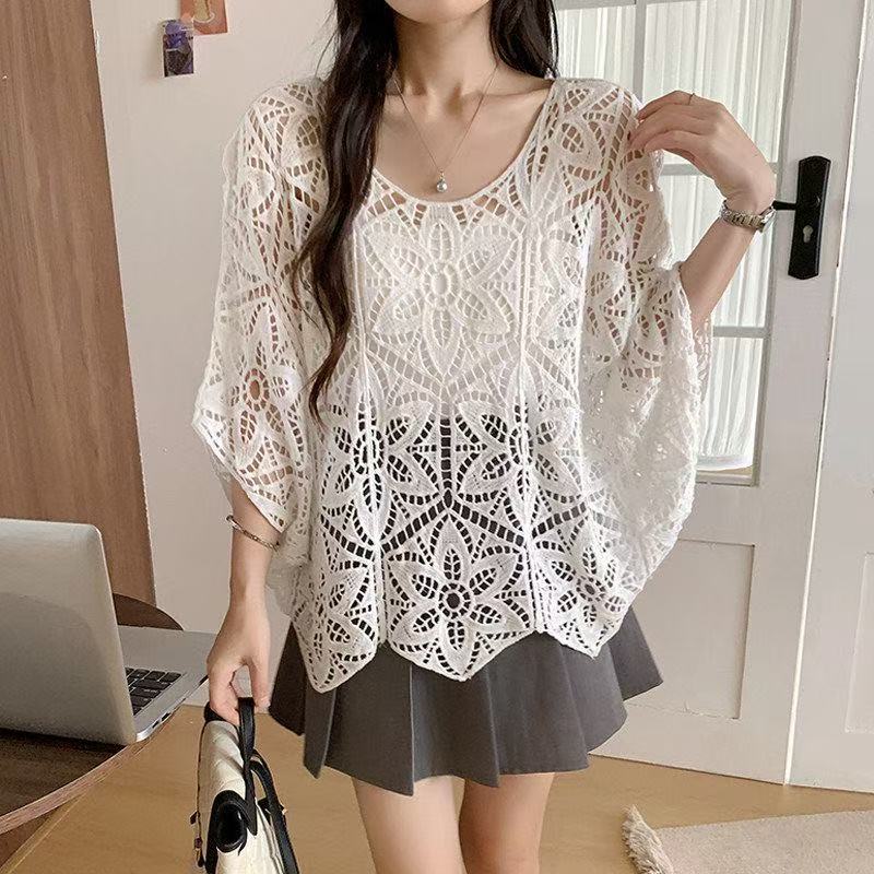 Cardigan tricoté à lacets ajourés motif fleur pour femme, nouveau haut court style bohème pour l'été, châle long à manches longues
