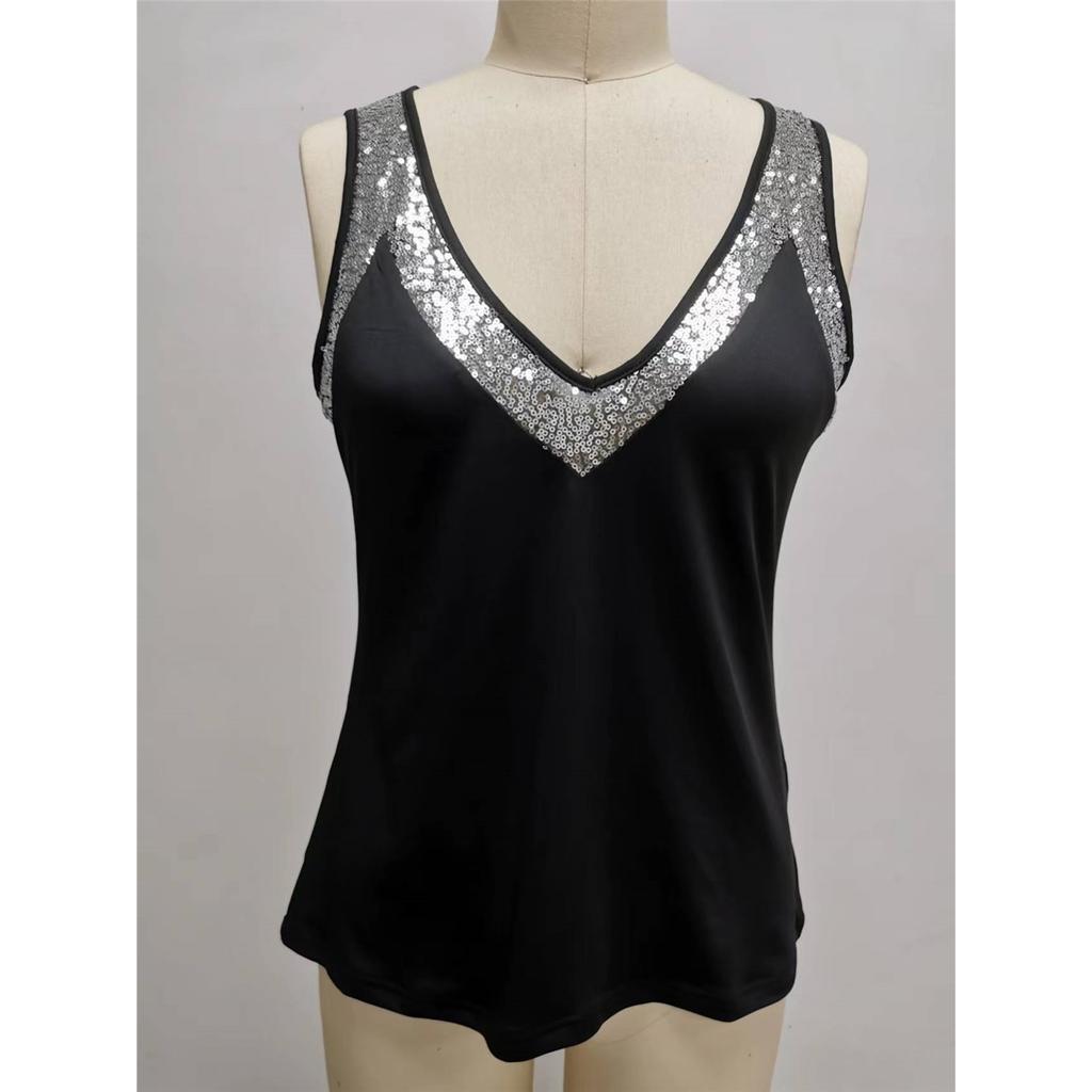 Women's Solid Color Sleeveless V-Neck Glitter Wide Strap Vest