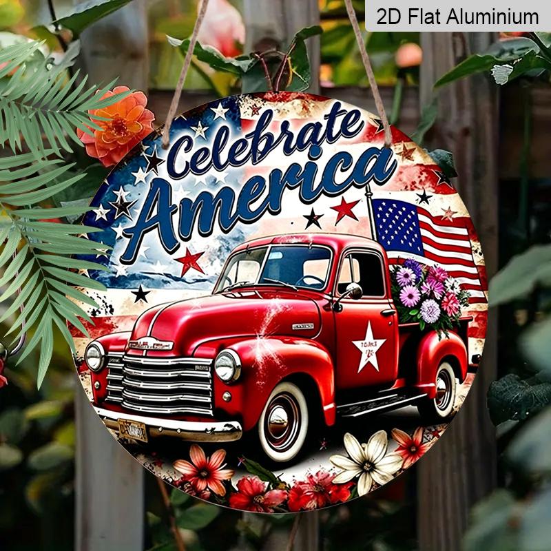 2D Flat, 1pc of Round Aluminum Sign with a Patriotic Theme Featuring a Floral Bouquet And a Red Truck, Perfect for Rustic Wall Art. Suitable for