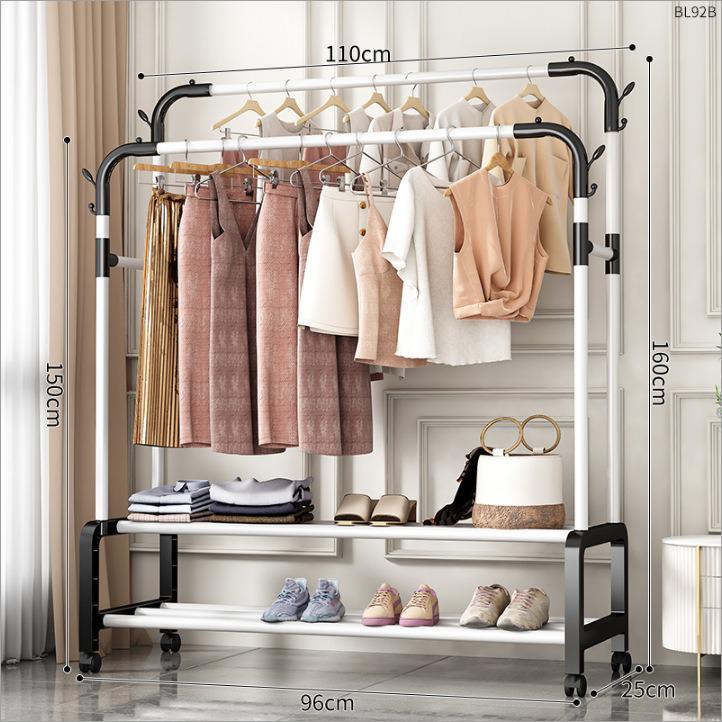Plastic Floor-Standing Balcony and Bedroom Clothes & Hat Rack, with Folding Drying Pole and Storage.