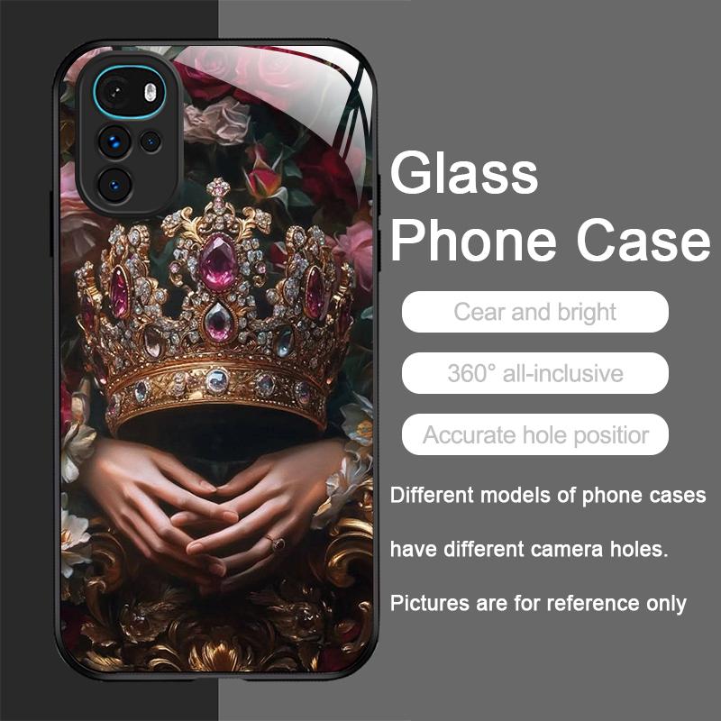 Luxury Crown Jewelry Flower Pattern Tempered Glass Phone Case for Motorola Moto G85 G84 G75 Edge 50 Fusion 40 Neo 30Pro 5G Cover
