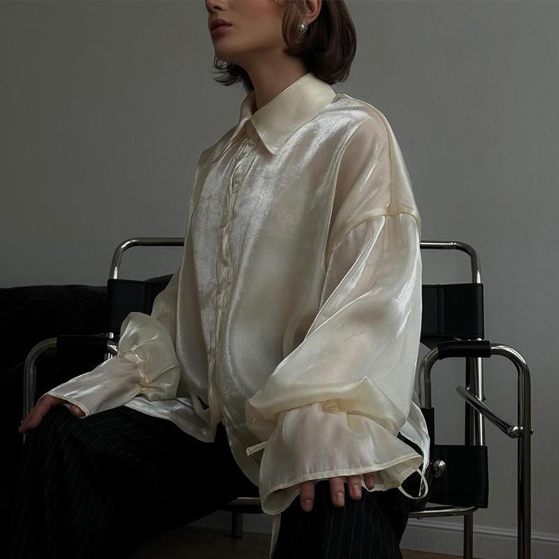Fashion Loose Beige Shirt Women's Casual Sun Protection Solid Button Outwear Shirt Long Sleeve Top Thin See Through Shirt