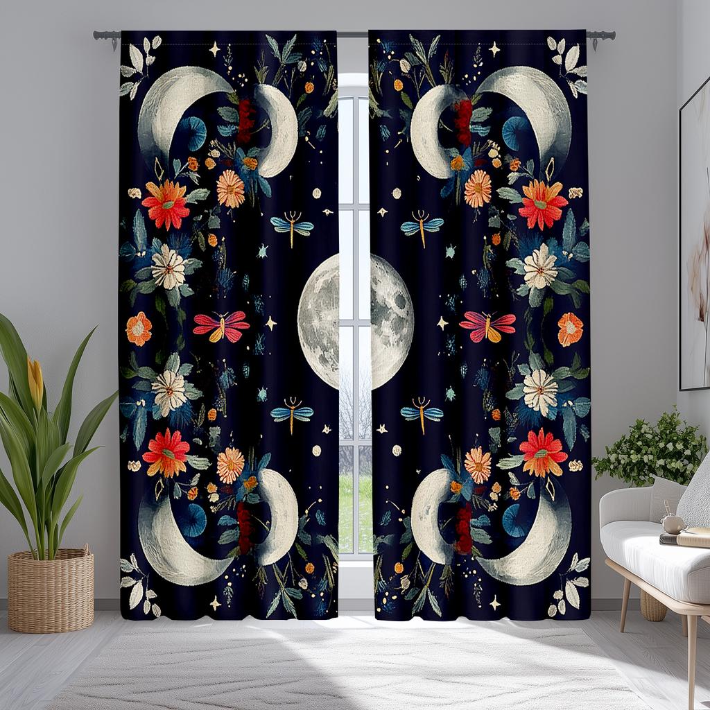 2pcs Boho Moonlit Embroidery Curtains - Vibrant Floral & Celestial Design with Butterflies, Dragonflies, and Stars, Polyester Ro