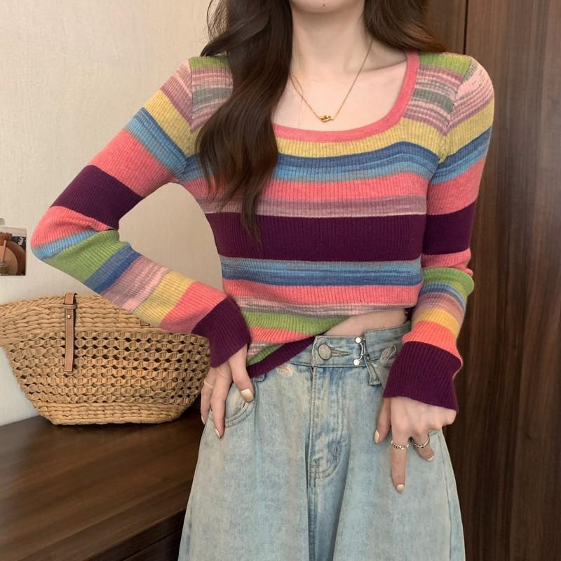 Autumn and Winter New Sweet and Spicy Square Collar Niche Contrasting Stripes Knitted Slim and Thin Soft Waxy Short T-shirt