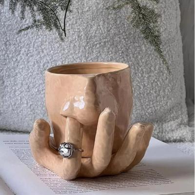 Lustige Keramik Nasentasse und Fingerablage Set – Kreative skurrile Tasse mit Schmuckhalter Schale