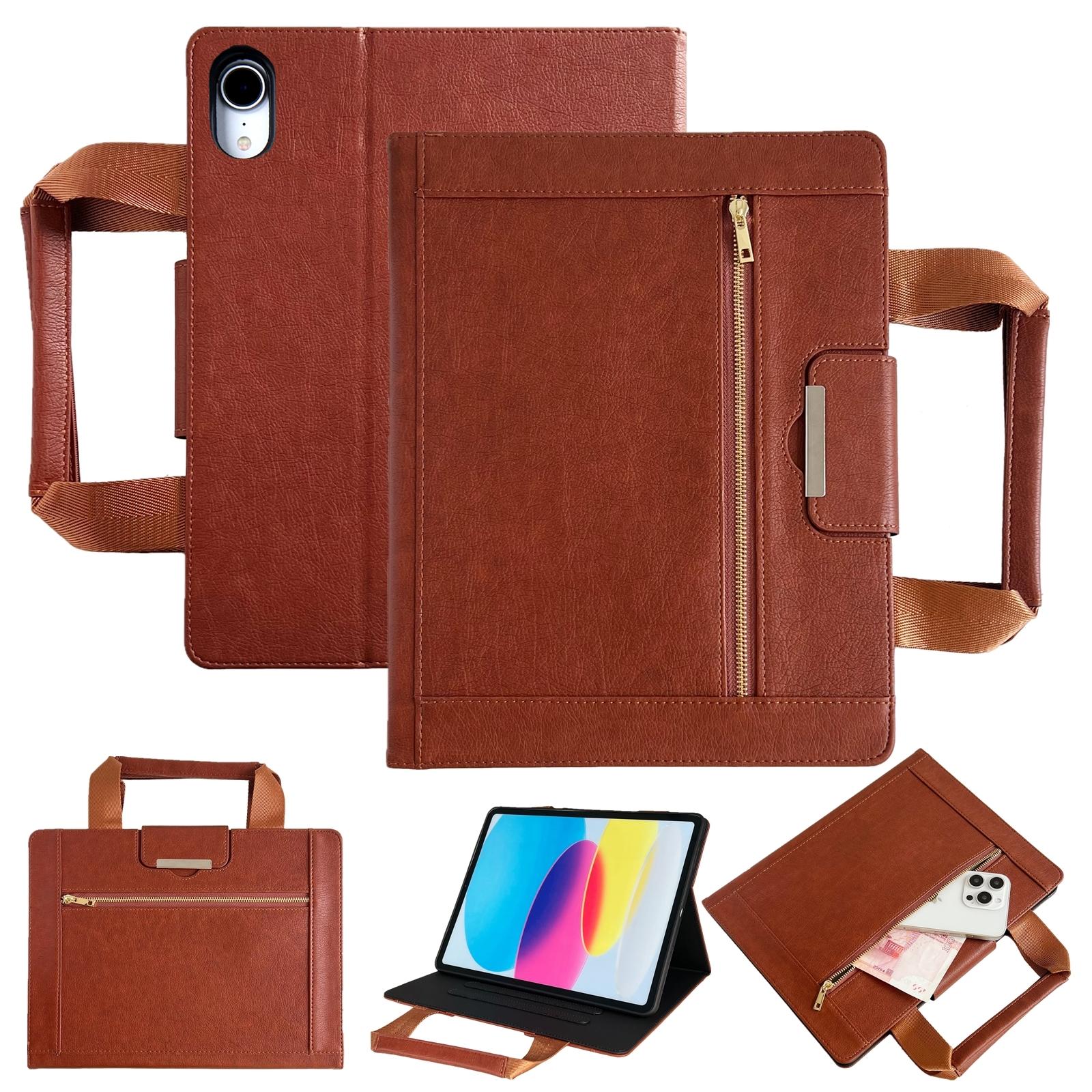 

Tablet Case for iPad 10.9 (2022)/iPad (2025) Auto Wake/Sleep Leather Cover with Handle/Zipper Pouch Brown