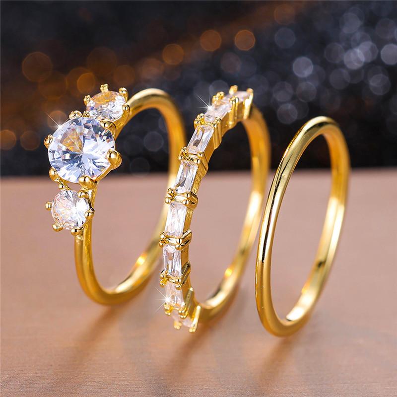 Female White Round Zircon Stone Ring Set Trendy Yellow Gold Color Engagement Cute Bride Wedding  Gift For Women