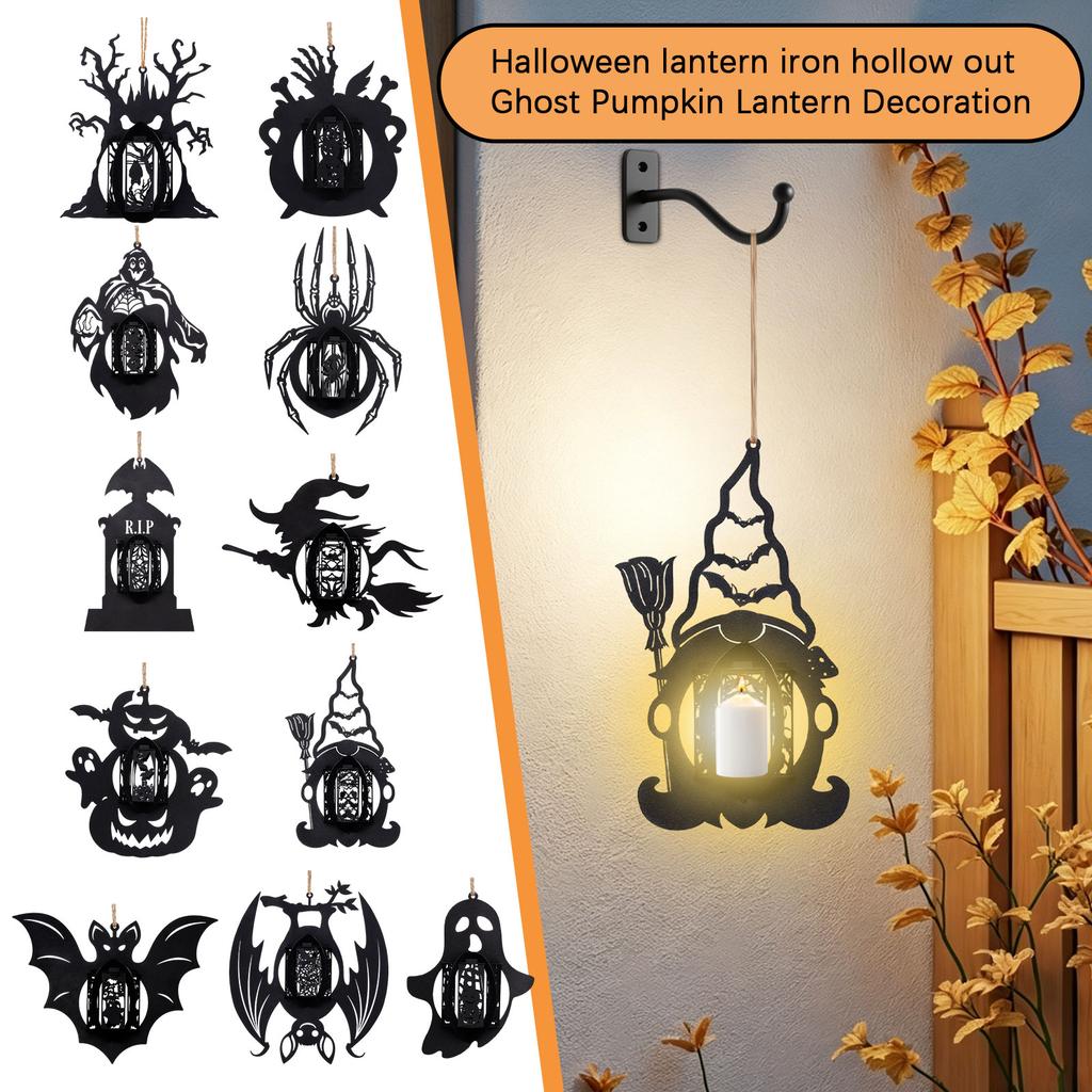 Halloween Metal Hollow Ghost Pumpkin Lantern Candle Holder Party Decor Hanging Lantern for Indoor Outdoor Display