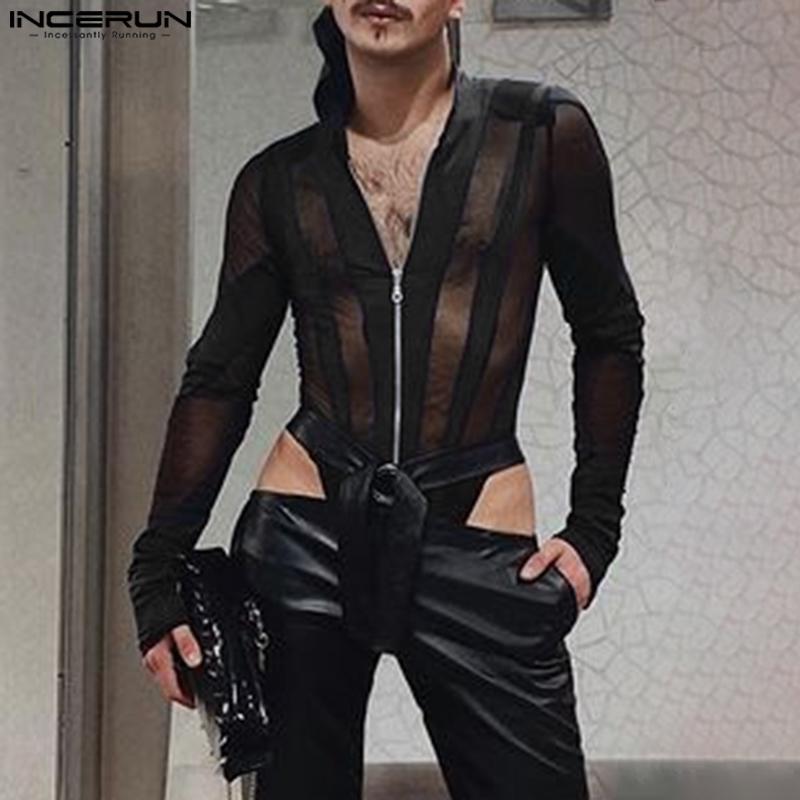 INCERUN Men Sleeveless Mesh Hollow Out Slim Bodysuits Clubwear Summer Jumpsuits XL