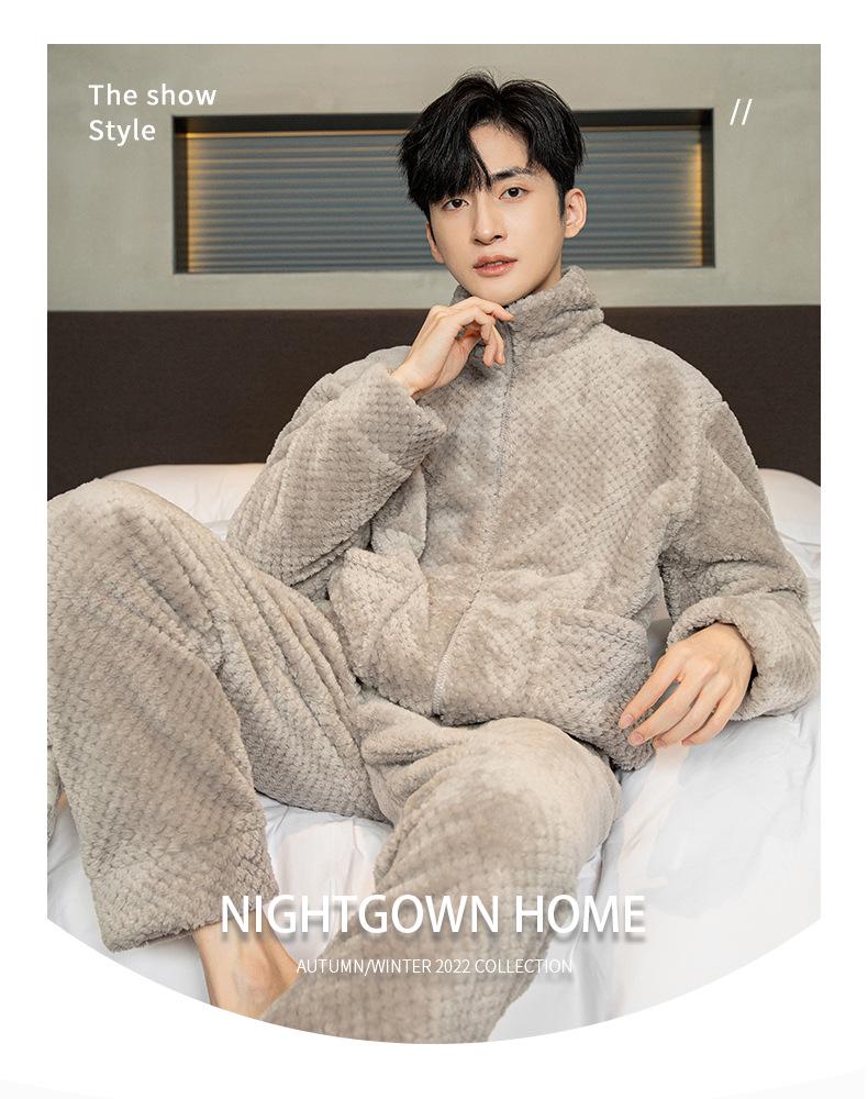 Men's Thick Coral Fleece Stand-Up Collar Zipper Pajamas - Warm Long Sleeve Homewear for Autumn & Winter