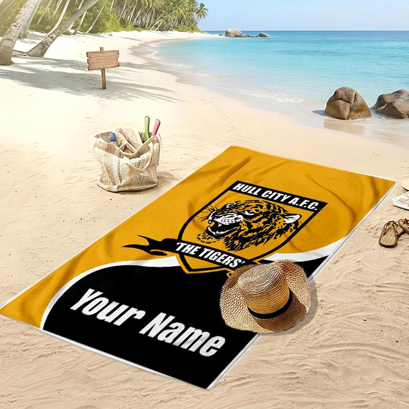 Asciugamano da Spiaggia Personalizzato Stampato Hull City Logo Calcio Supporto Nome Personalizzato Testo Asciugamano Assorbente Per Sport Viaggio Regalo Speciale