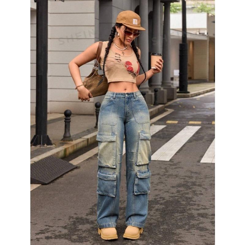 Women s Retro Street Cargo Hip-hop Multi-pocket Overalls Straight Jeans S синий
