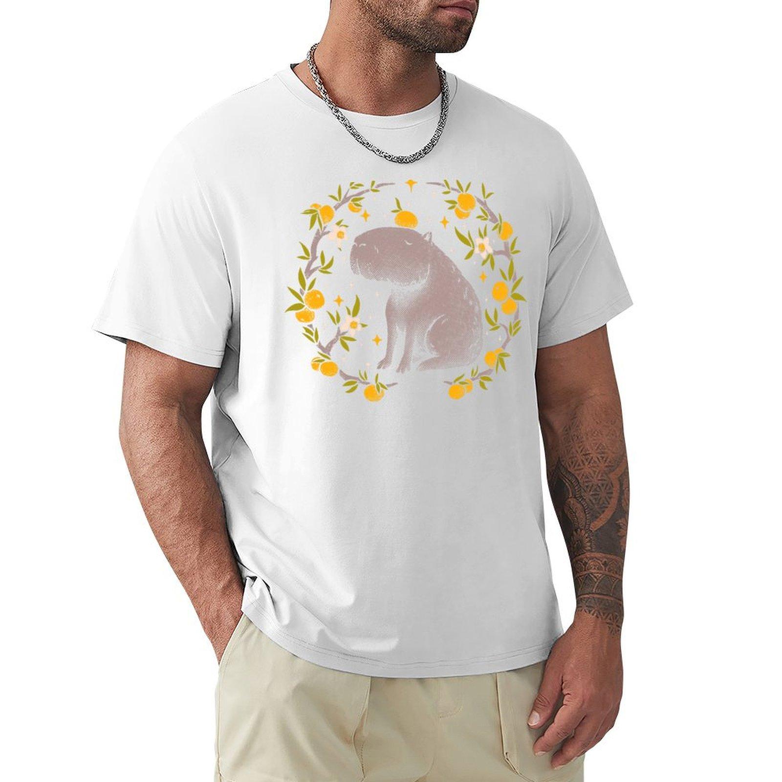 Goblincore Aesthetic Capybara Chilling With Orange On Head Cottagecore Capy Yuzu Citrus Fruit Blossom Flowers Meditating Tshirt S