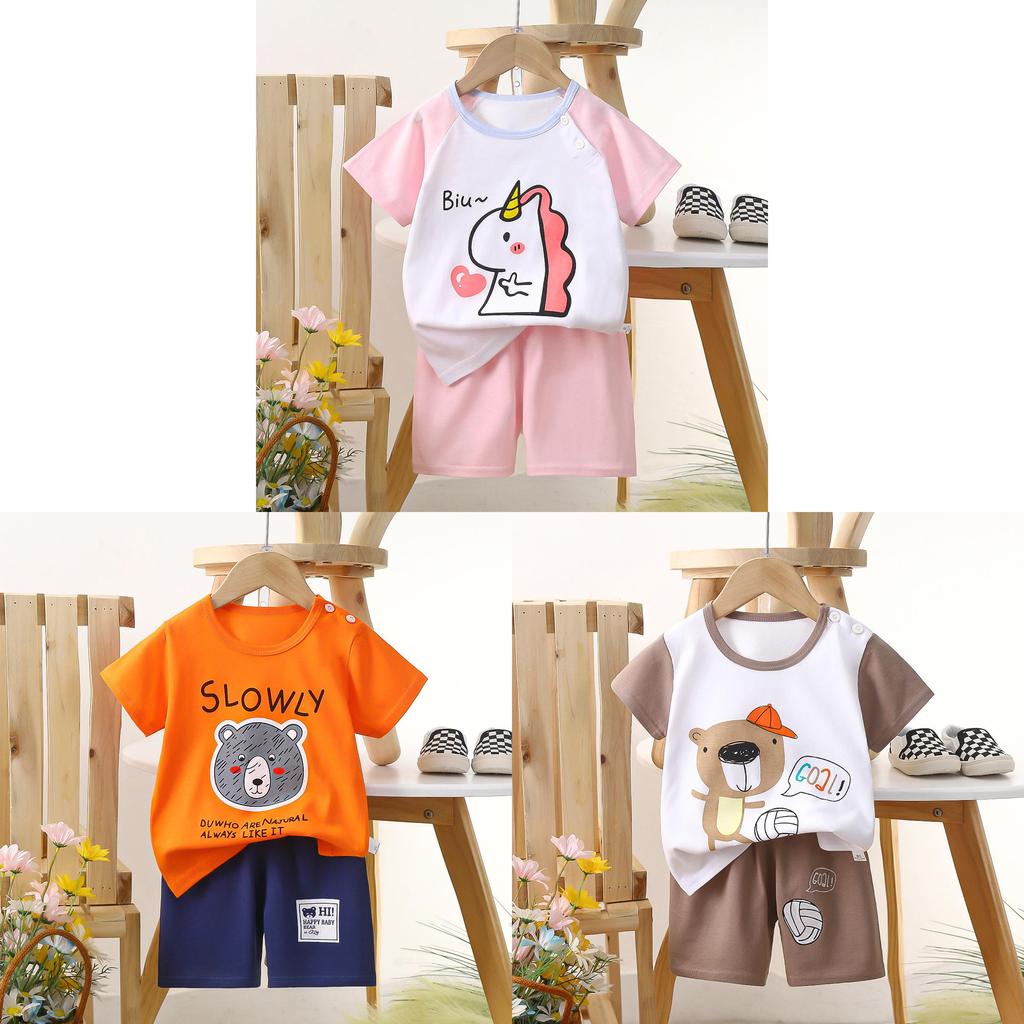 Childrens Cotton Short Sleeve Tshirt And Shorts Set With Cartoon Prints For Toddler Summer Wear