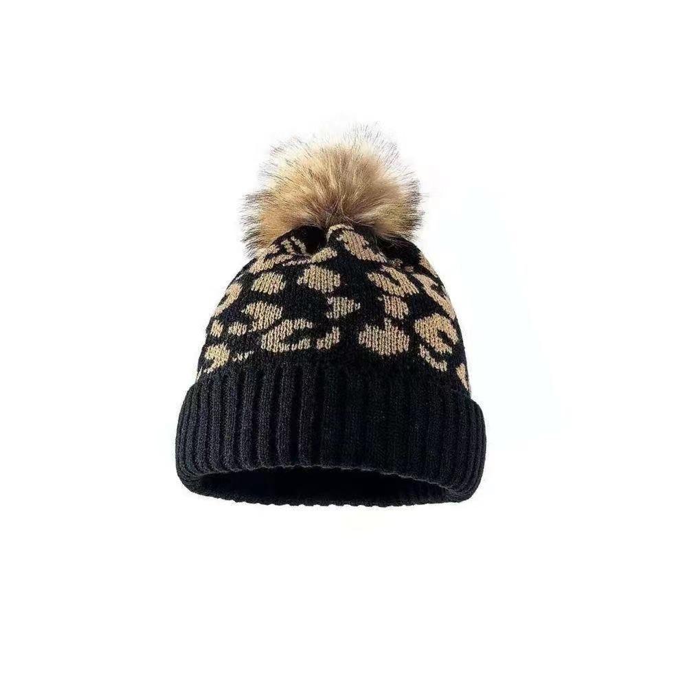 European and American Fashion Leopard Print Crimped Hairball Knitted Hat Women's Hat Outdoor Warm Thickened Men's Wool Hat Trend