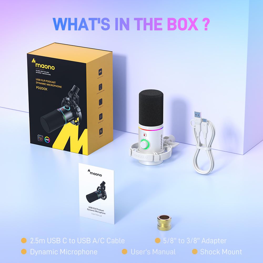 MAONO PD200X Gaming-PC Unidirektionales Dynamisches Dediziertes Stummes RGB-Sprach-Live-Kommentar-Spiel Weißes Mikrofon, USB/XLR-Mikrofon, Mikrofon, Software,