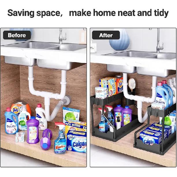 Étagère de rangement sous évier, rangement d'armoire de cuisine, tiroir de rangement à double glissière, panier de rangement polyvalent pour salle de bain