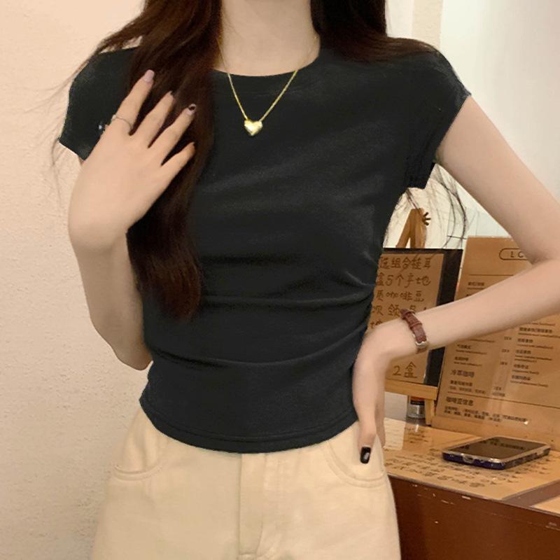 Round Neck T-shirt Short-sleeved Women's Summer New Slim Half-sleeved American Inner Top French Waist Pinch