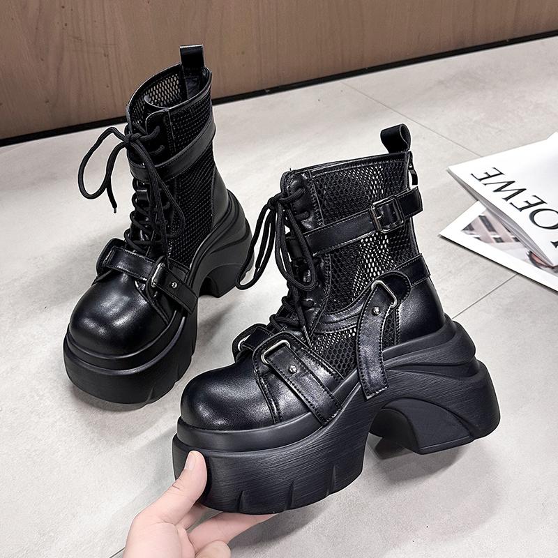 Fashion Designer Women's Short Boots New Early Autumn Mesh Leather Chunky Boots Gladiator High Platfom Buckle Goth Boots Mujer Zapatos