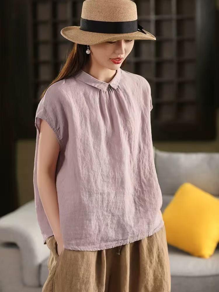 Johnature Women Vintage Summer  Shirts Solid Color Turn-down Collar Sleeveless Tops Casual Female Shirts