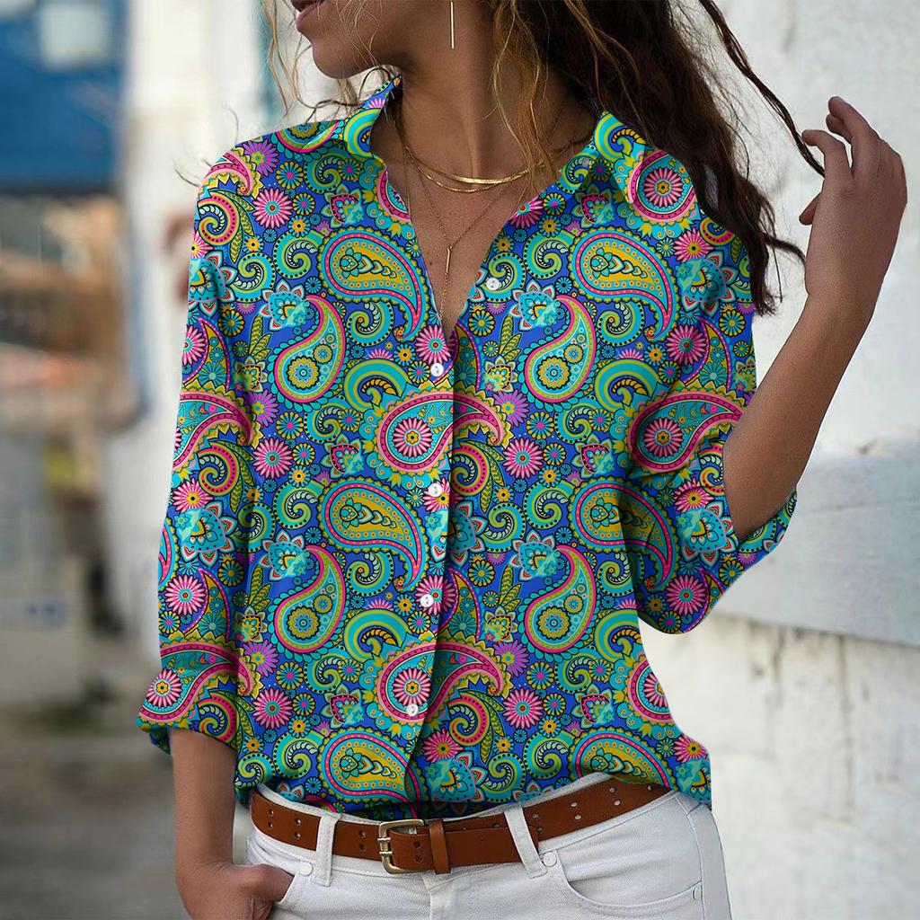 Cashew Print Frauen Bluse Frühling Herbst Femme Büro Dame Button Up Turn Down Kragen Shirts