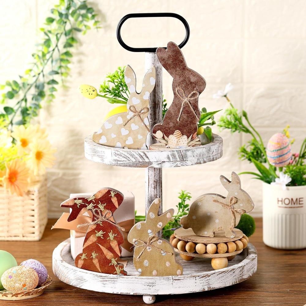4/5 Piece With Bowknot Easter Wooden Rabbit Ornament DIY Thickened Easter Tray Rabbit Ornament Cute Printed